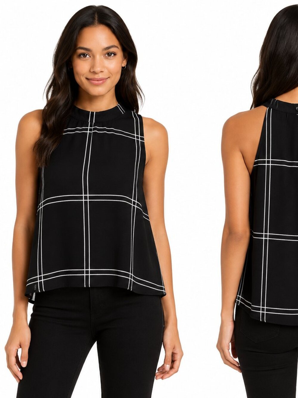 Alya -     Round Halter Neck Black & White Grid Flowing Halter Blouse - XS